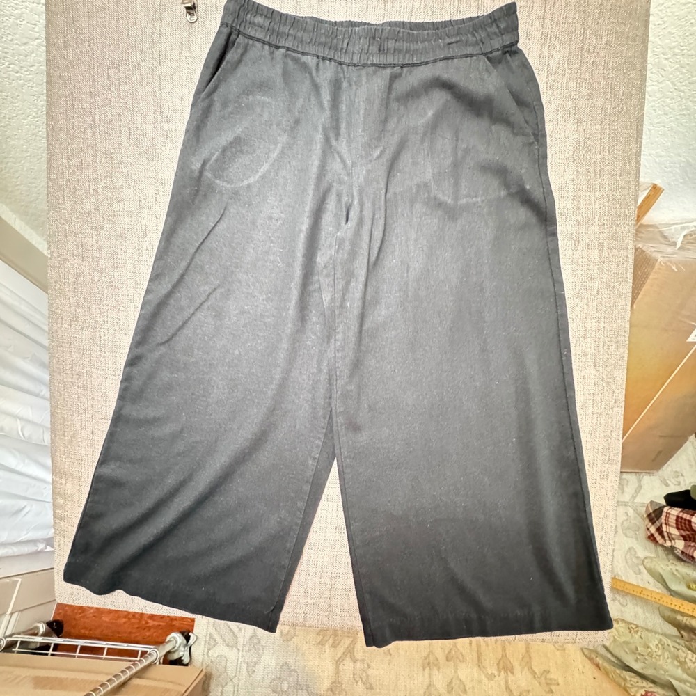 Chaps Black Linen Blend Wide Leg Cropped Pants Womens Medium Elastic Waist